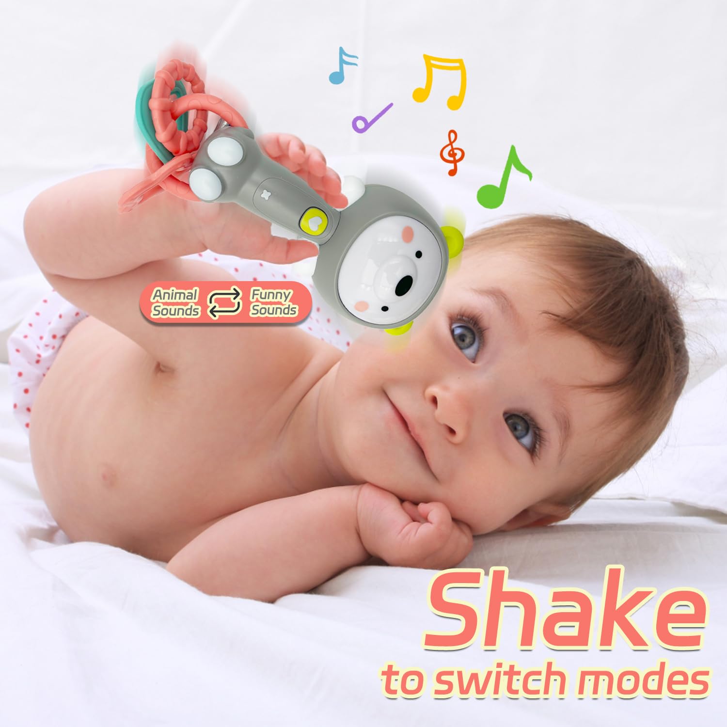 **Baby Music Rattle & Teething Toy for Infants 6-18 Months - Light-Up Chew Sensory Toy for Boys & Girls - Perfect Baby Shower Gift (Grizzlies) - Great for Soothing, Playtime & Early Development**