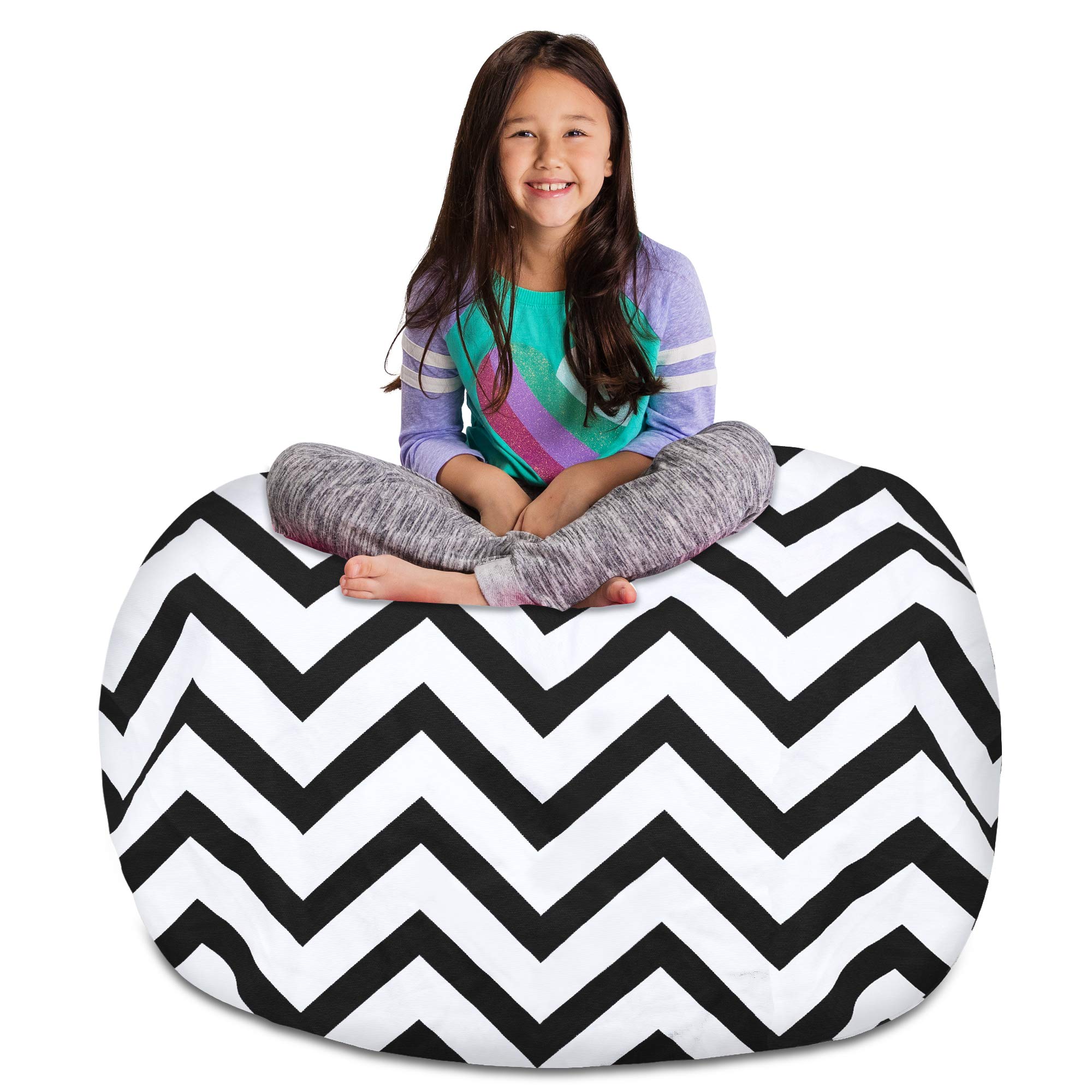 Posh Creations Kids Stuffed Animal Storage Bean Bag Chair Cover - XL 48in Toy Organizer for Children's Room, Durable Canvas Chevron Black & White Design - Perfect for Playroom, Bedroom & Nursery Organization