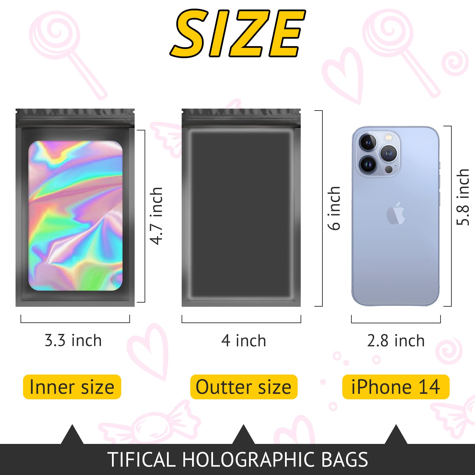 100 PCS Holographic Resealable Bags - Smell Proof Packaging for Lashes, Press On Nails, Jewelry, Candy & Small Items | Perfect for Small Business, Food Storage & Travel Organization
