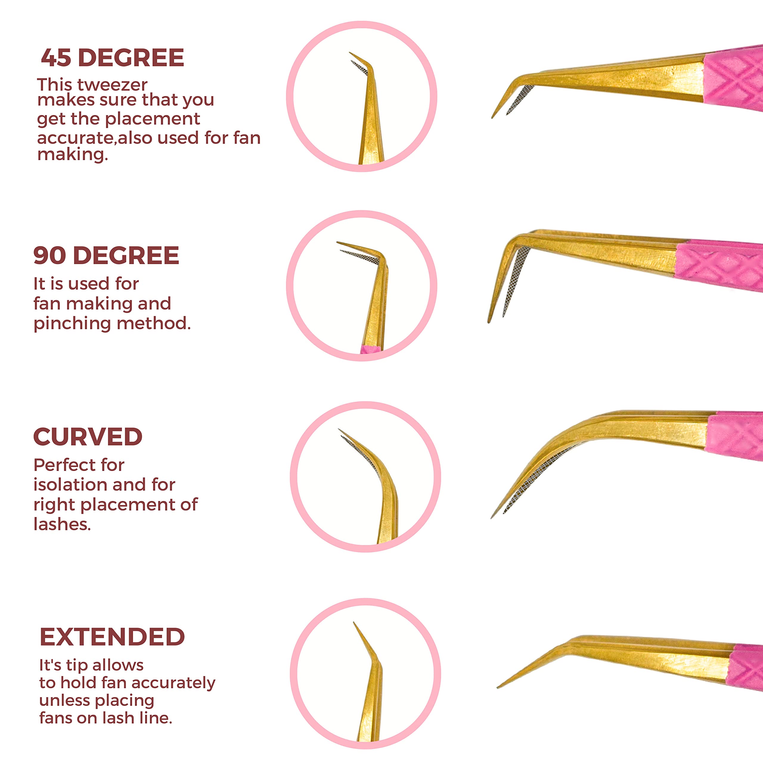 SIVOTE Pink Fiber Tip Eyelash Tweezers for Lash Extensions - Set of 4 with Diamond Grip | Japanese Steel Precision Tips for Classic, Volume & Mega Volume Lashes | Anti-Rust Professional Tools for Lash Artists | Perfect for Salon, Home & Professional Use