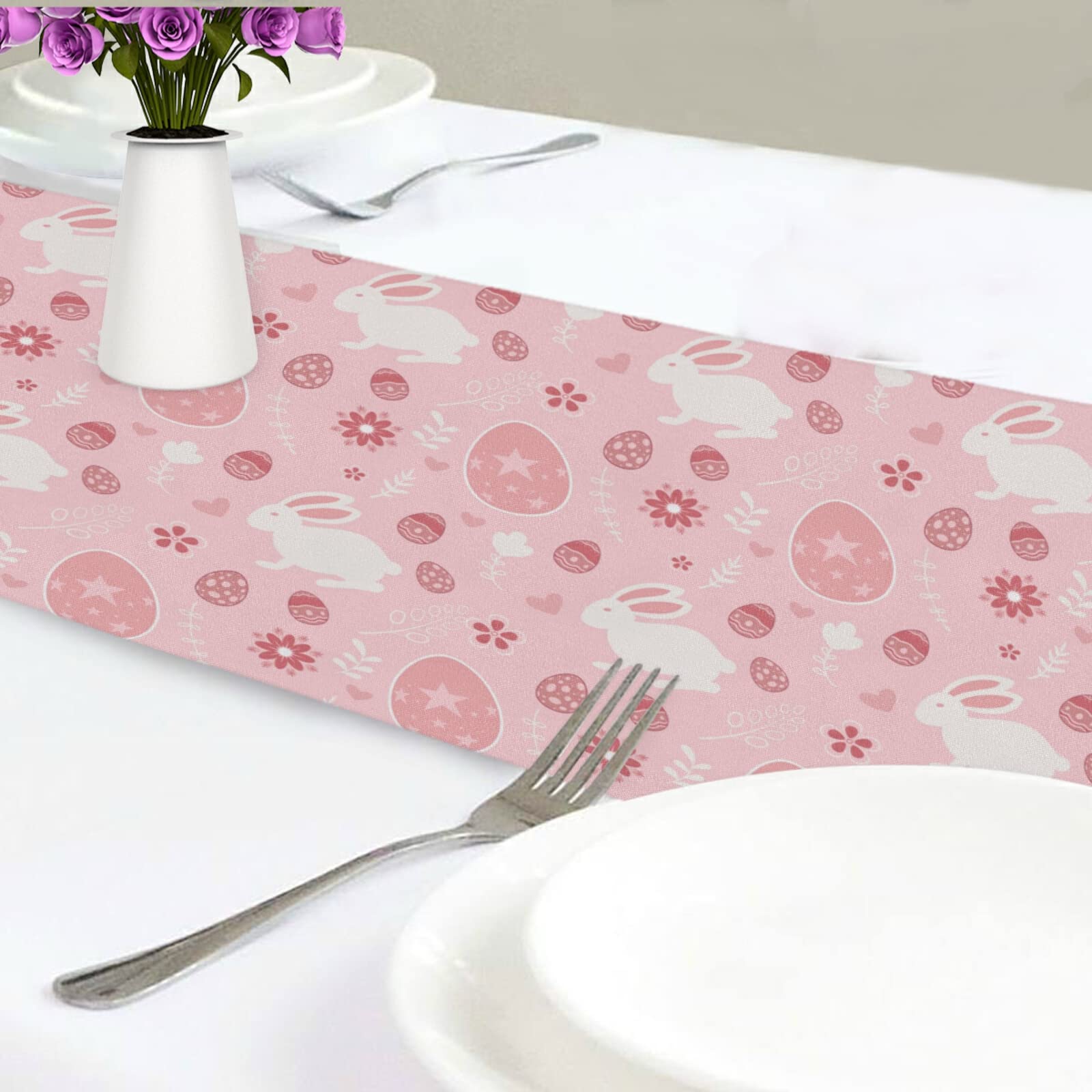 Pink Rabbit Easter Table Runner 90 Inches - Floral Bunny Spring Tablecloth for Dining Kitchen Decor | Easter, Spring, Holiday Home Seasonal Decoration