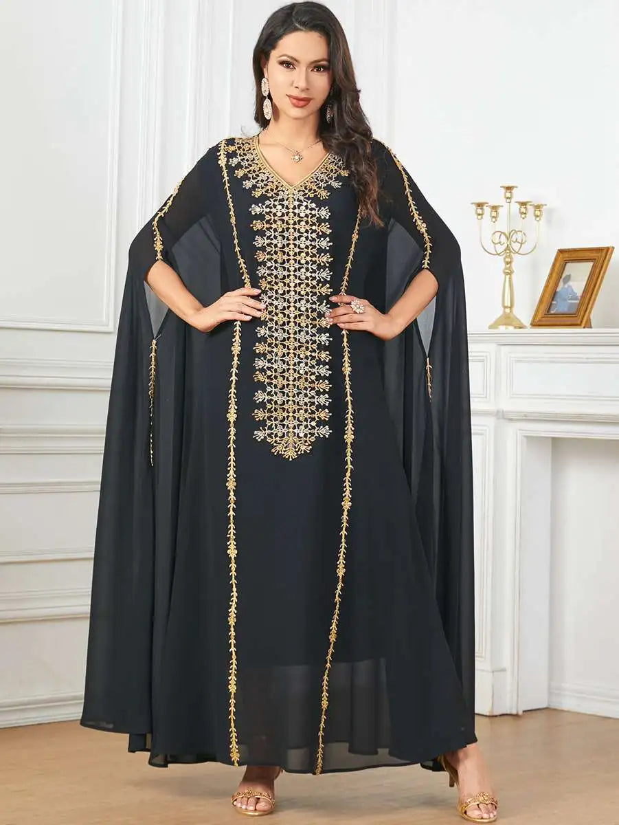 Elegant Eid Caftan Dress for Muslim Women - Flowy Chiffon Embroidery Maxi Dress - Perfect for Eid Celebrations, Weddings & Special Occasions