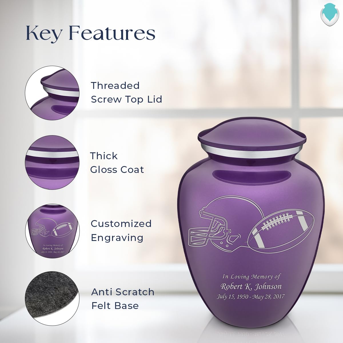 Personalized Football Cremation Urns for Adults - Large Purple Funeral Urn for Men & Women with Double Side Engraving (Holds 200 lbs) | Memorial Keepsake for Sports Lovers & Funeral Services