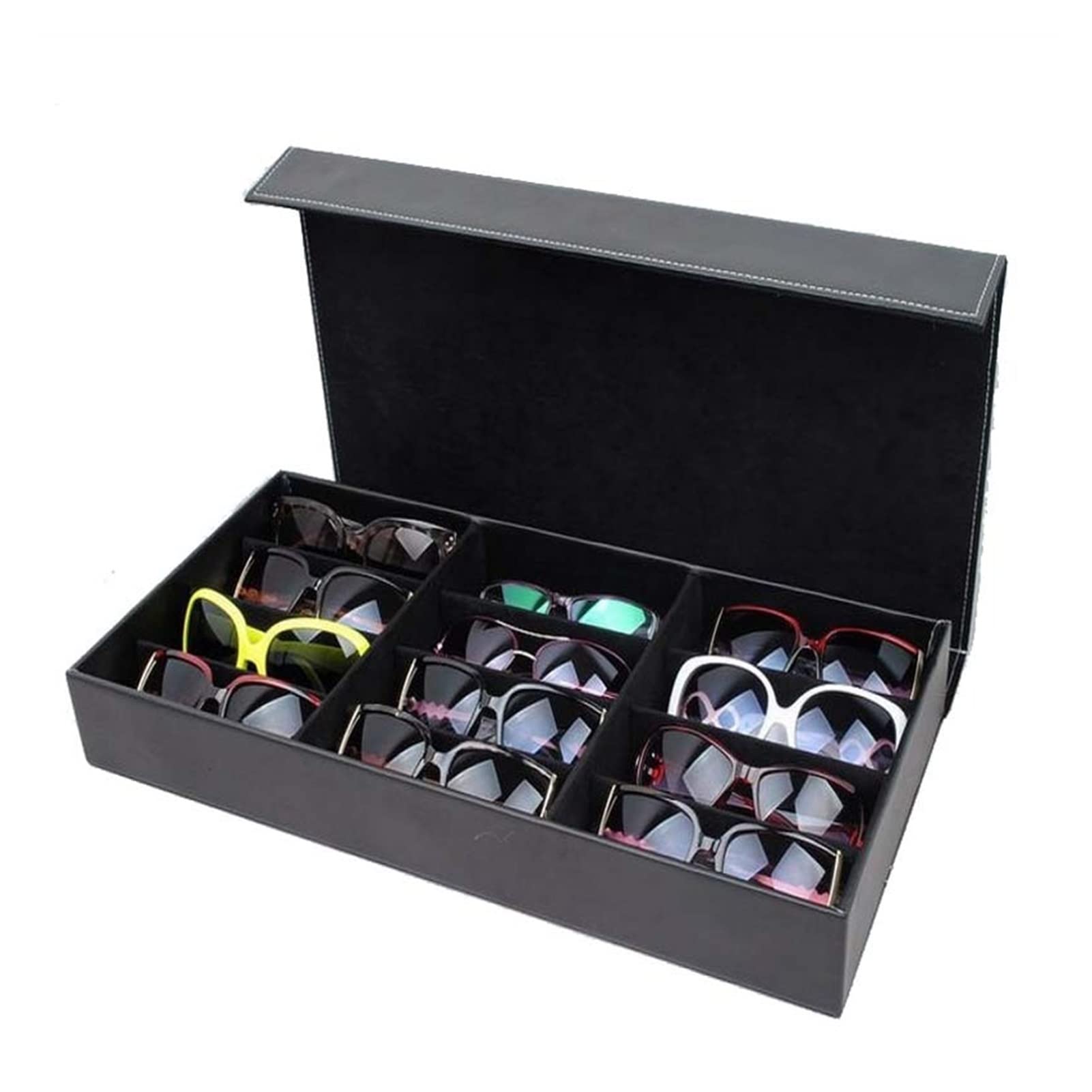 12 Compartment Moisture-Resistant Glasses Case - Eyeglass Necklace Jewelry Stand & Display Storage Box Holder - Perfect for Retail Stores, Optical Shops, and Home Organization (Black)