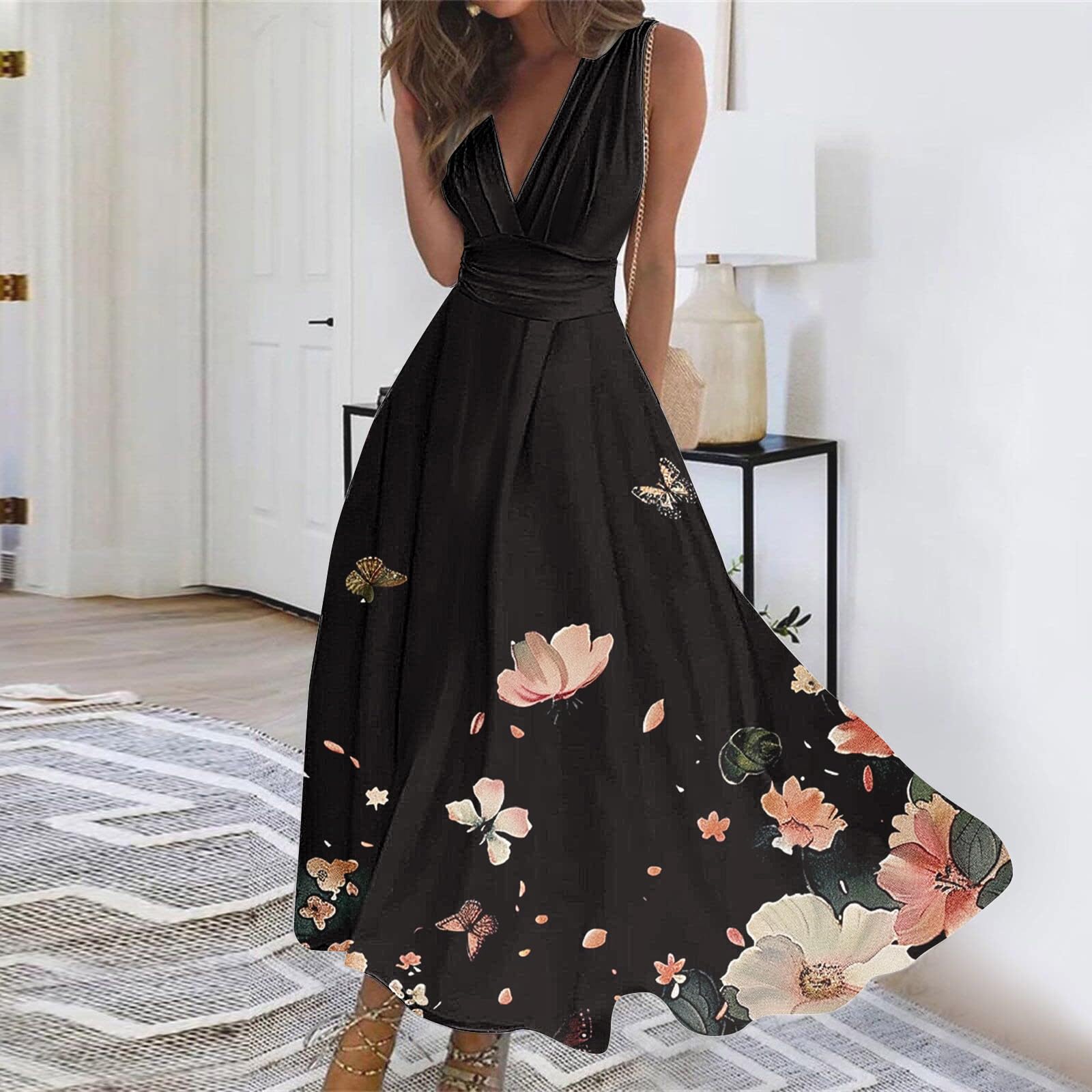 Elegant Deep V Neck Long Sleeveless Cocktail Dress for Women - Flowy Maxi Dress with Fashion Print, Perfect for Spring Summer Parties, Beach Vacations & Evening Events