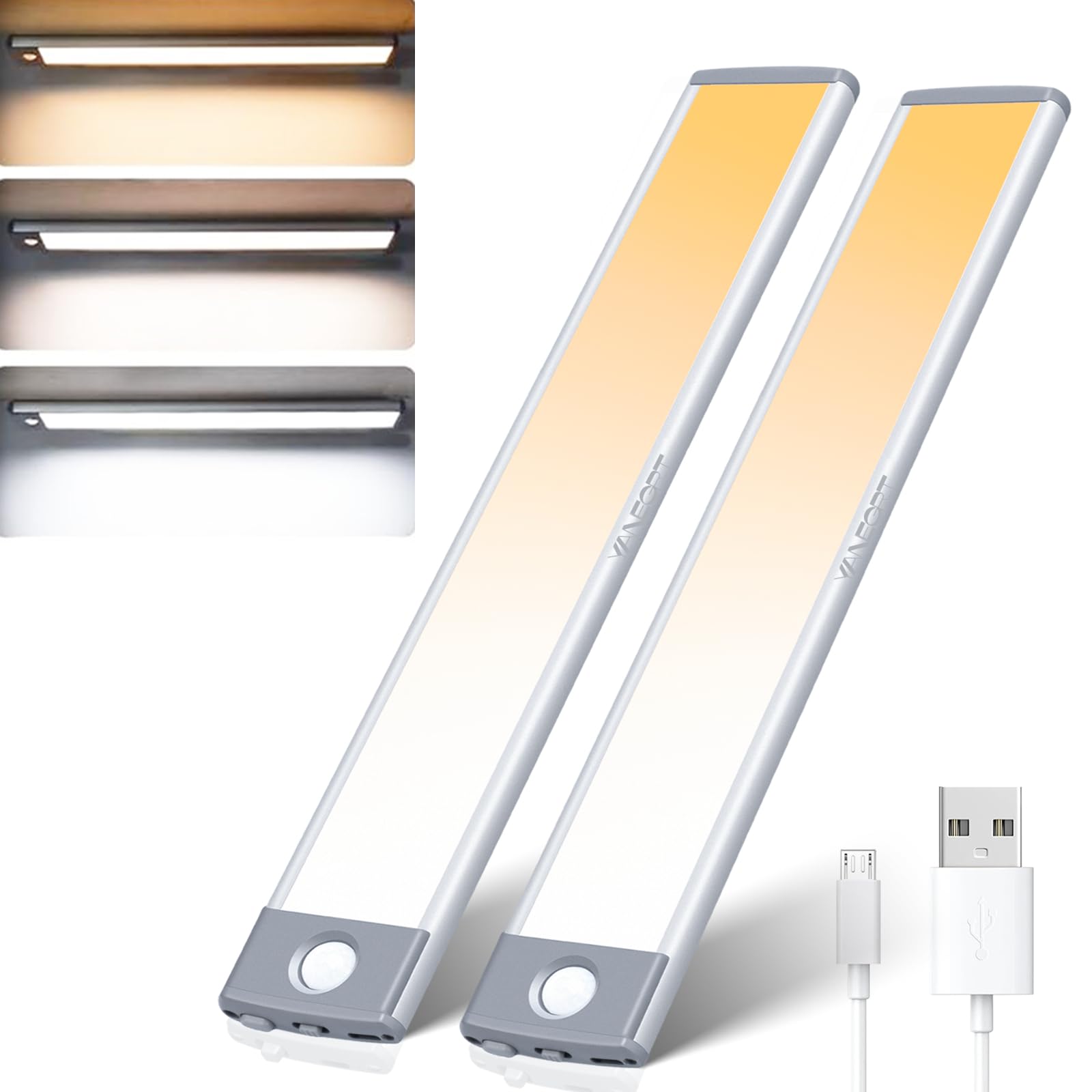 60 LED Dimmable Under Cabinet Lights - 2 Pack with 3 Color Temperatures, Rechargeable Motion Sensor - Wireless Magnetic Closet Lighting for Kitchen, Stairs, Pantry, Wardrobe & Home Storage Areas