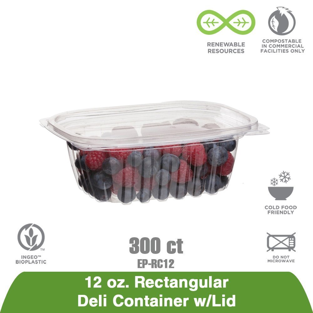 ECO-Friendly 12oz Clear Rectangular Compostable Deli Containers with Lids (Case of 300) - PLA Plant-Based Biodegradable Food Storage Containers for Meal Prep, Takeout & Leftovers | Perfect for Restaurants, Catering & Home Use
