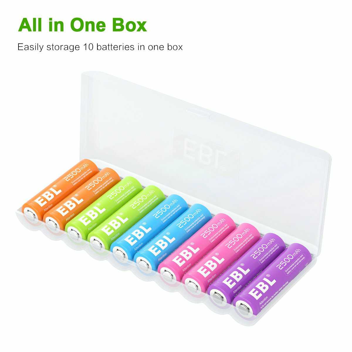 EBL 10-Pack Rechargeable AA Batteries 1.2V 2500mAh - Rainbow Colored High Capacity NiMH Batteries for Cameras, Toys, Flashlights & Electronics