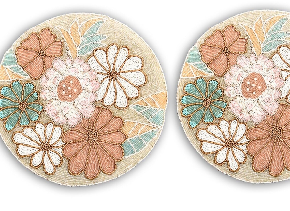 Handmade Floral Beaded Placemats Set of 4 - 13x13 Inch Summer Table Mats & Designer Charger Plates for Dining Table Decor, Wedding, Party & Home Decor
