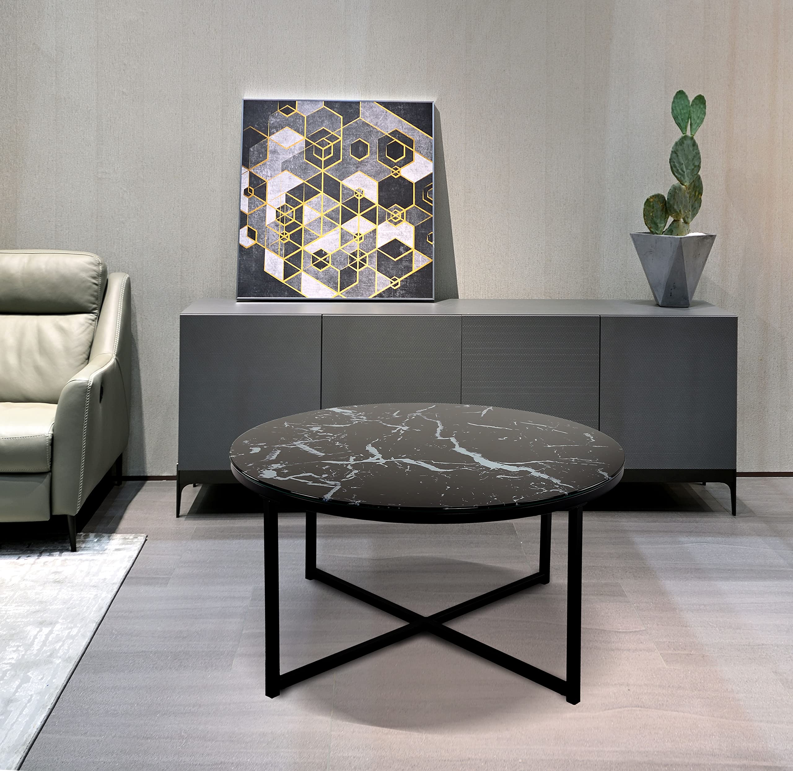 Modern SHAKEN Coffee Table with Metal Cross Base & Marble Black Top - Round Glass Living Room Table for Home Decor, Lounge & Entertainment Areas