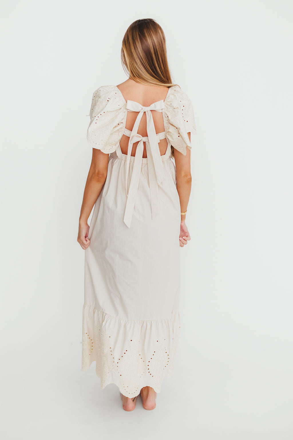 Brooklyn 100% Cotton Eyelet Detail Maxi Dress in Natural - Flowy Summer Dress for Beach, Wedding & Casual Wear | Breathable & Comfortable Women's Fashion