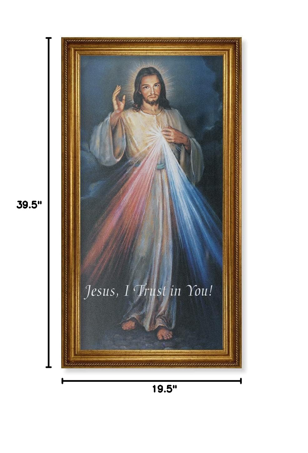 Divine Mercy Framed Canvas Wall Art - Extra Large Religious Home Decor with Antique Gold Leaf Frame & Roping Edge - Perfect for Living Room, Bedroom, Church & Prayer Space