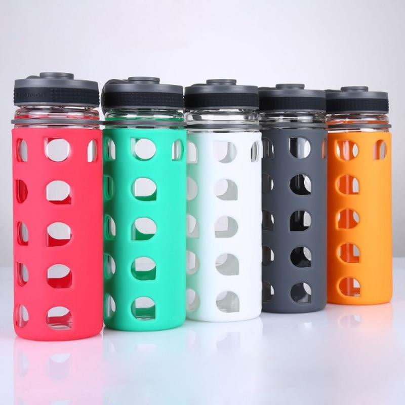 600ml / 20.3 fl oz Premium Glass Water Bottle with Silicone Rubber Protective Sleeve - Leakproof, BPA-Free, Ideal for Gym, Hiking, Office & Travel