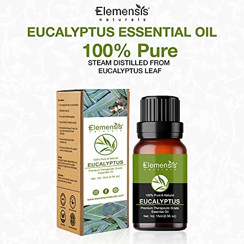 Elemensis Naturals 100% Pure Organic Eucalyptus Essential Oil - Undiluted, Natural Aromatherapy Oil for Cold, Cough & Pain Relief (Nilgiri Oil, 15ml) - Perfect for Diffusers, Massage & Home Spa