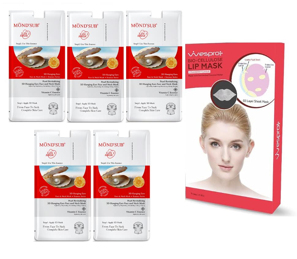 MOND'SUB Pearl 3D Hanging Ears Neck & Facial Sheet Masks - 5 Pack (40g Each) with Free Wespro Bio-Cellulose Lip Mask (5 Pack) - Hydrating & Anti-Aging Skincare for Spa Night & Self-Care Routine