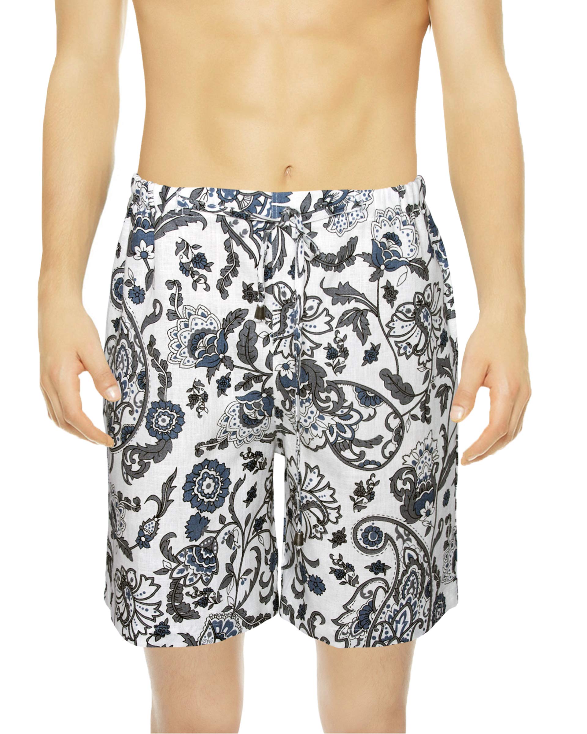 Men’s Loungewear Set - Soft Linen Printed Robe & Shorts Pajama Set - European Crafted Sleepwear for Night Relaxation & Home Comfort