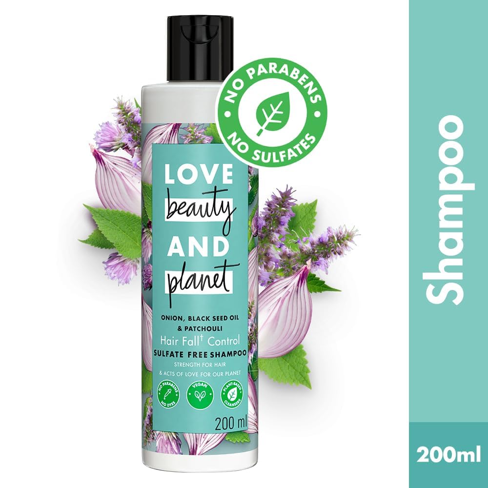 Loves Beauty & Planet Onion Black Seed & Patchouli Sulfate-Free Shampoo and Conditioner Set for Hair Fall Control - 200ml | Vegan Hair Care for Thinning Hair & Scalp Health | Daily Use for Stronger, Fuller Hair