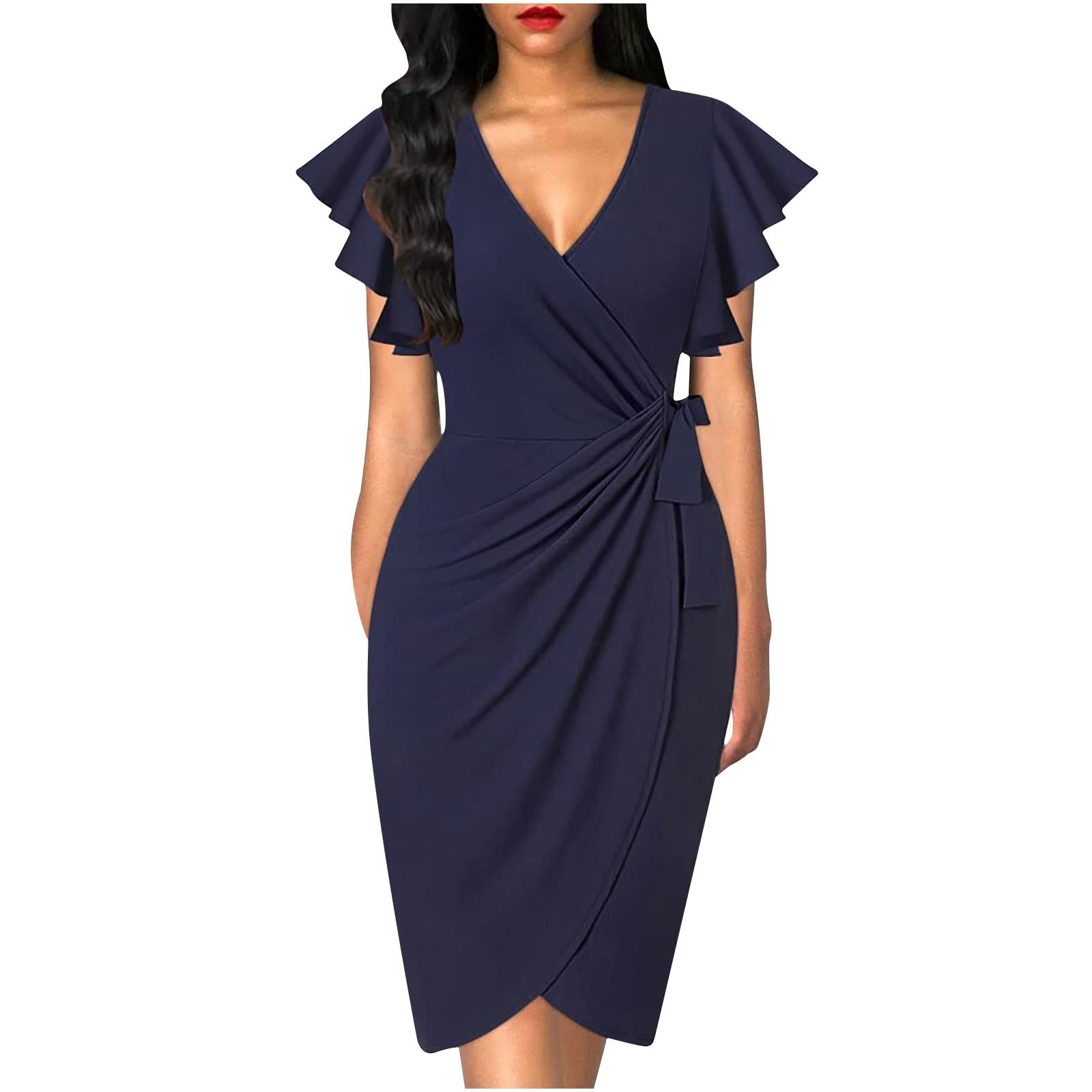 Vintage Women's Bodycon Dress with Ruffle Sleeves & V-Neck - Elegant Cocktail Party Pencil Sheath Dress, Ruched Midi Dress for Evening Events, Date Nights & Special Occasions