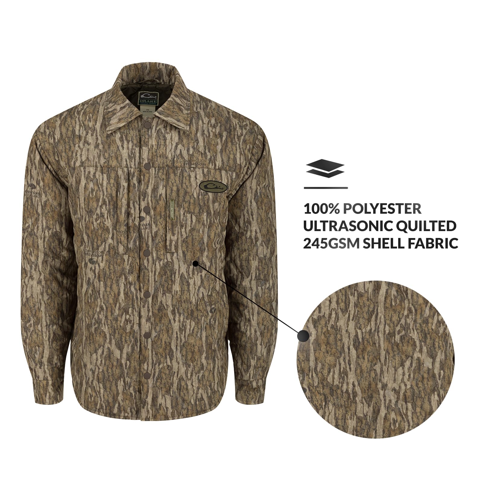 DRAKE Men's LST Double Down Quilted Jacket - Insulated, Water-Repellent Button-Down Shirt for Outdoor Hunting, Hiking & Camping - Warm Winter Layering for Cold Weather Adventures