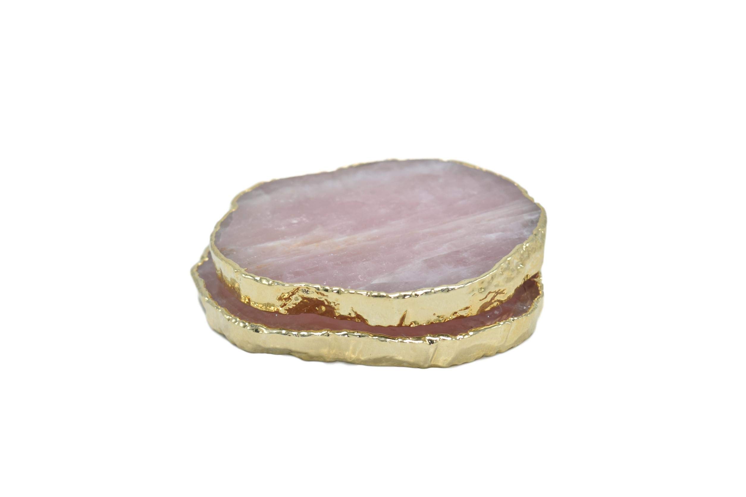 Luxury Rose Quartz Coasters with Gold Trim - Set of 2 Non-Slip Stone Coasters - Irregular Shaped Home Decor for Coffee Table, Office Desk & Gift Giving - Natural Quartz Stone Coasters for Elegant Home Decor