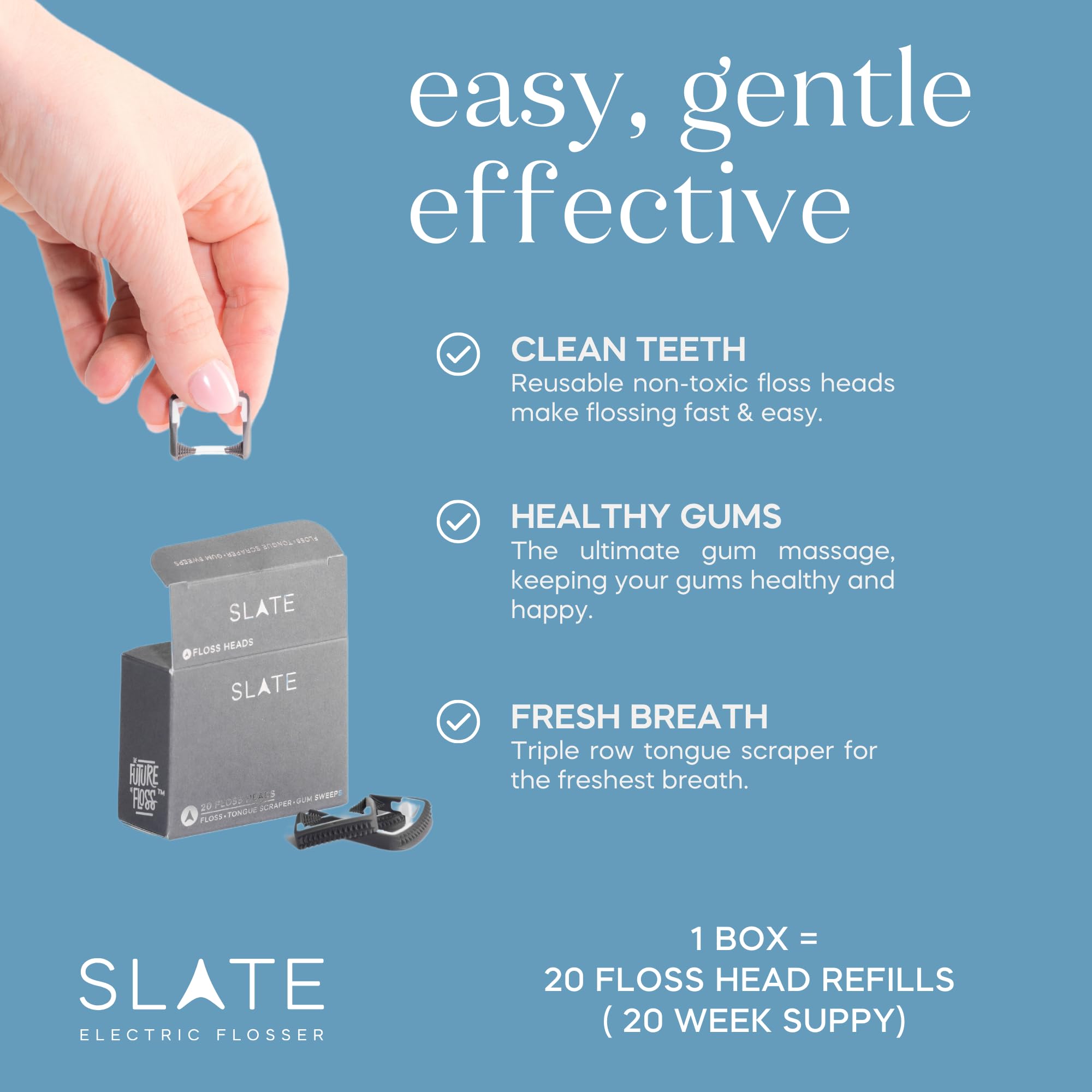 Slate Flosser Refills - 20 Pack Reusable Woven Floss Heads | PFAS-Free & Unwaxed Dental Floss for Electric Water Flosser | Gentle Gum Care & Tongue Scraper | Perfect for Travel & Daily Oral Hygiene Routine