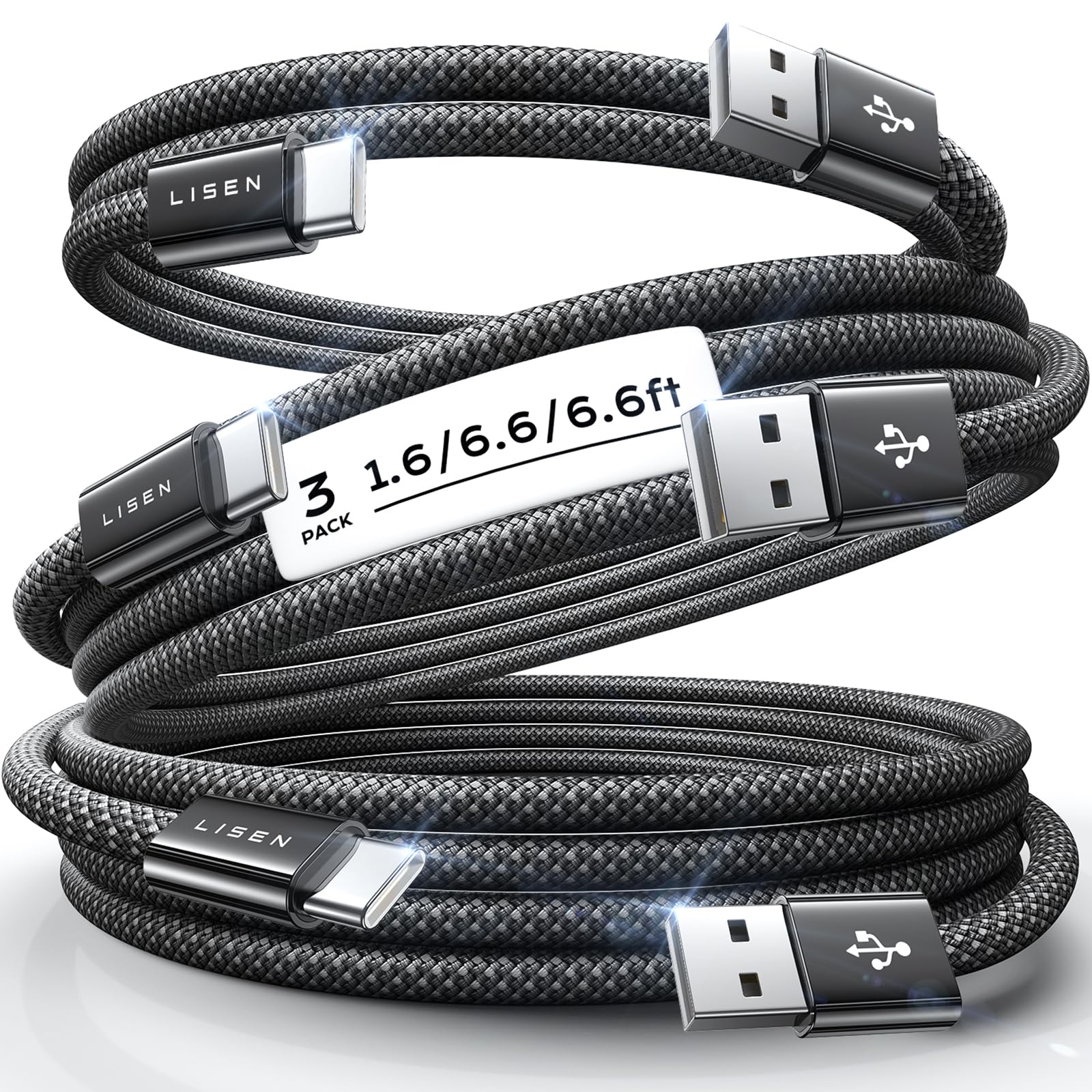 Premium 3-Pack LISEN USB C to USB A Fast Charging Cables [6.6FT+6.6FT+1.6FT] - 3.2A Type C Charger Cord Compatible with iPhone 16/15/14 Pro Max, Samsung Galaxy S23/S21/S20/S10 - Perfect for Home, Office & Travel Charging Needs