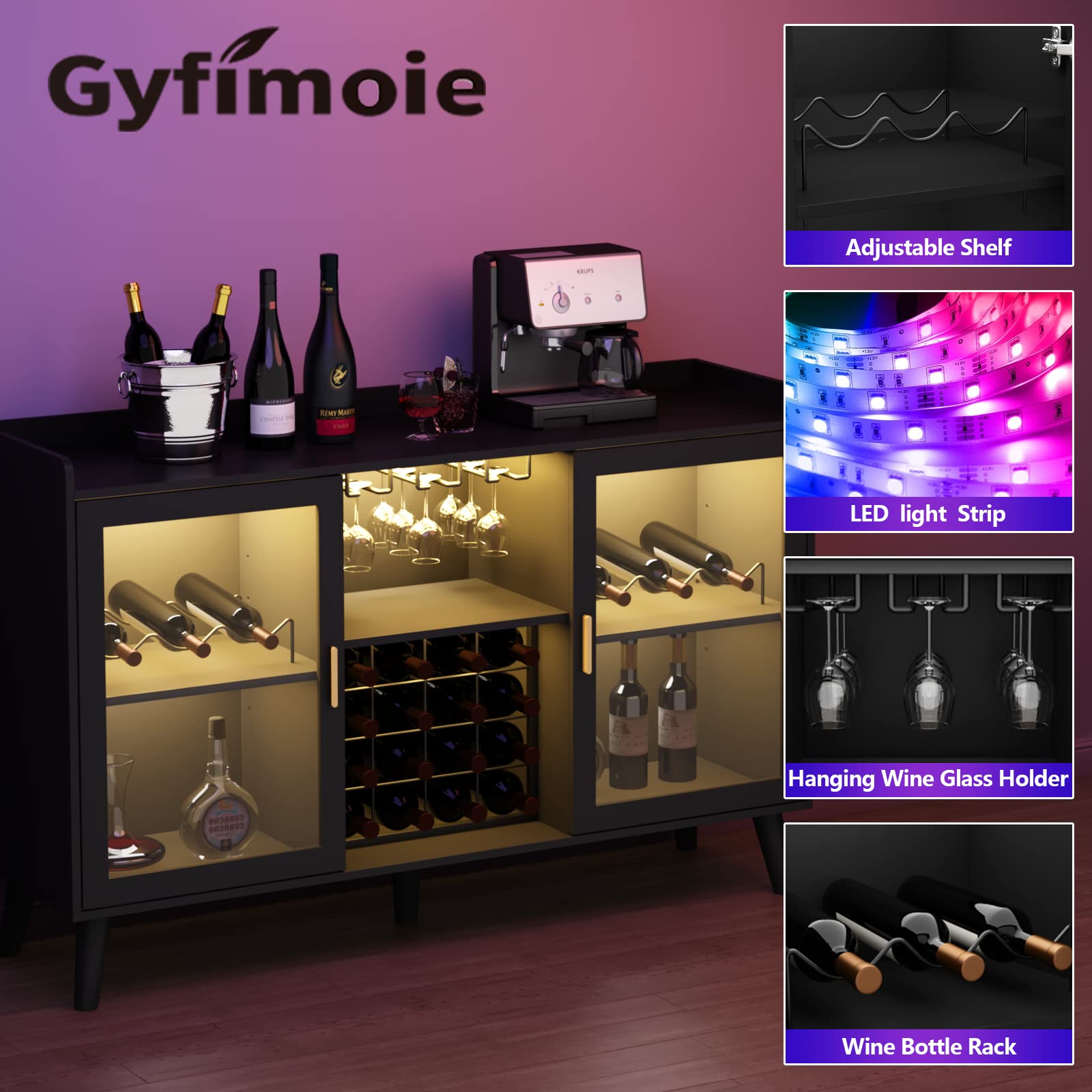 Modern Wine Bar Cabinet with LED Lights - Freestanding Kitchen Sideboard Buffet with Wine Rack, Glass Holder & Storage Shelf - Black Glass Door Liquor Cabinet for Dining Room, Living Room & Home Bar Decor