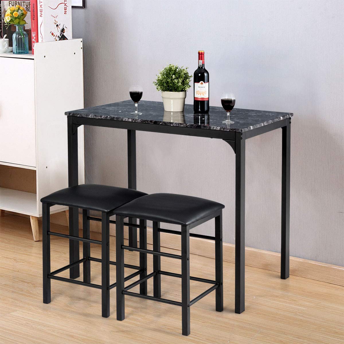 ReunionG 3-Piece Modern Dining Table Set with Marble Tabletop & Metal Frame - Black Kitchen & Dining Room Furniture for Breakfast Nook, Bar, Small Spaces & Apartments