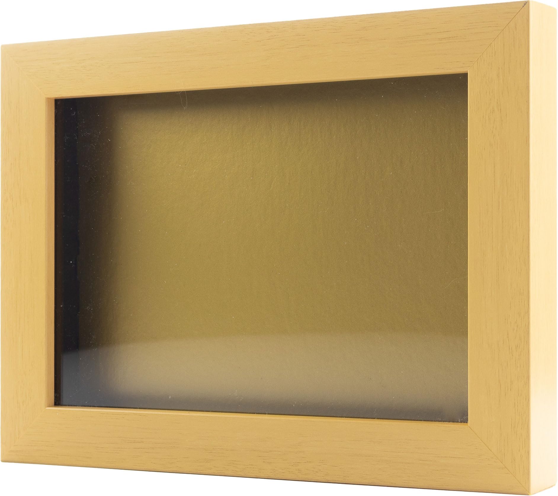 Natural 9x12 Inch Wooden Shadow Box Picture Frame with Gold Acid-Free Backing, UV Protective Acrylic & Hanging Hardware - 3/4