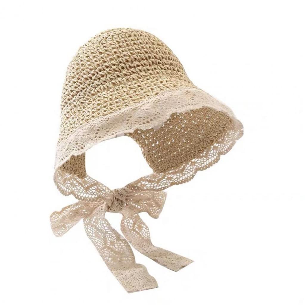 MJWDP Kids Straw Sun Hat - Breathable Lace Fisherman Hat for Boys & Girls, Adjustable 49-54cm - Perfect for Beach, Outdoor Travel & Summer Sun Protection (Natural Color)