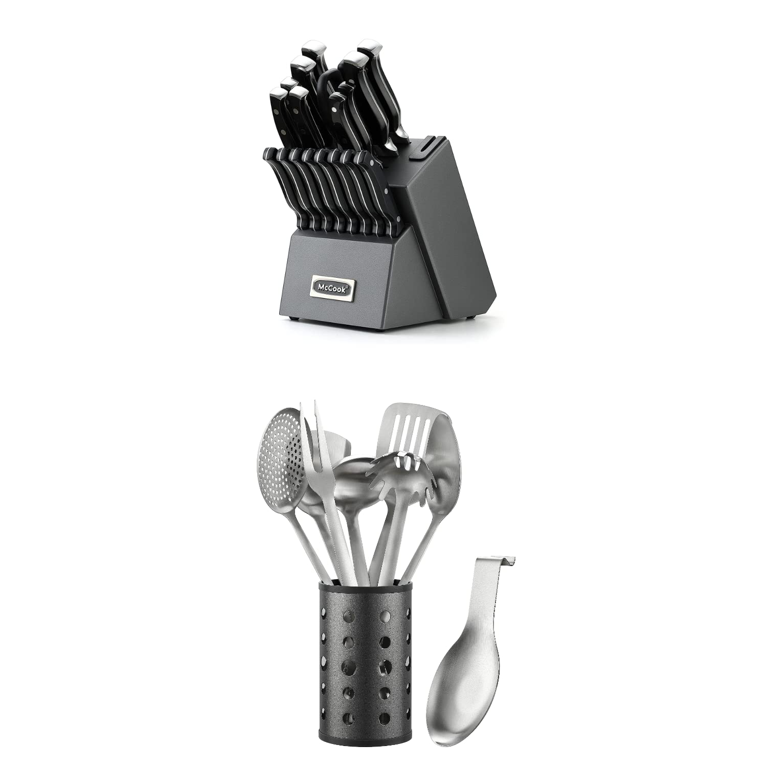 MC65G 20-Piece Stainless Steel Forged Kitchen Knife Block Set with Built-in Sharpener + McCook MC60 Stainless Steel Cooking Utensil Set - Professional Chef & Home Cooking Essentials for Cutting, Chopping & Food Prep