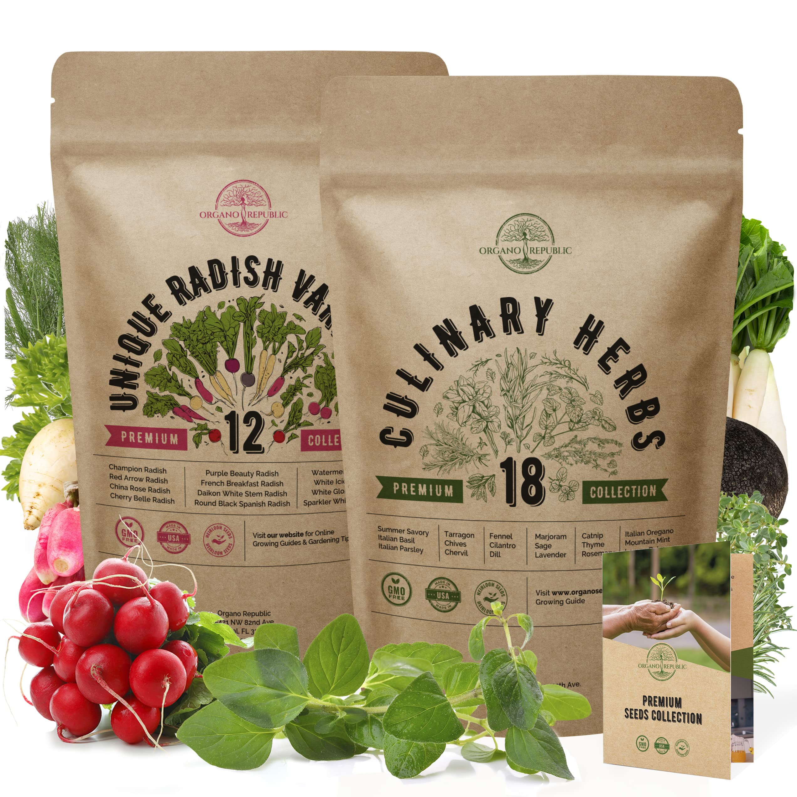12 Radish & 18 Culinary Herb Seeds Variety Pack - Non-GMO Heirloom Seeds for Indoor/Outdoor Planting (7400+ Seeds) - Perfect for Home Gardening, Kitchen Herb Gardens & DIY Planting Projects