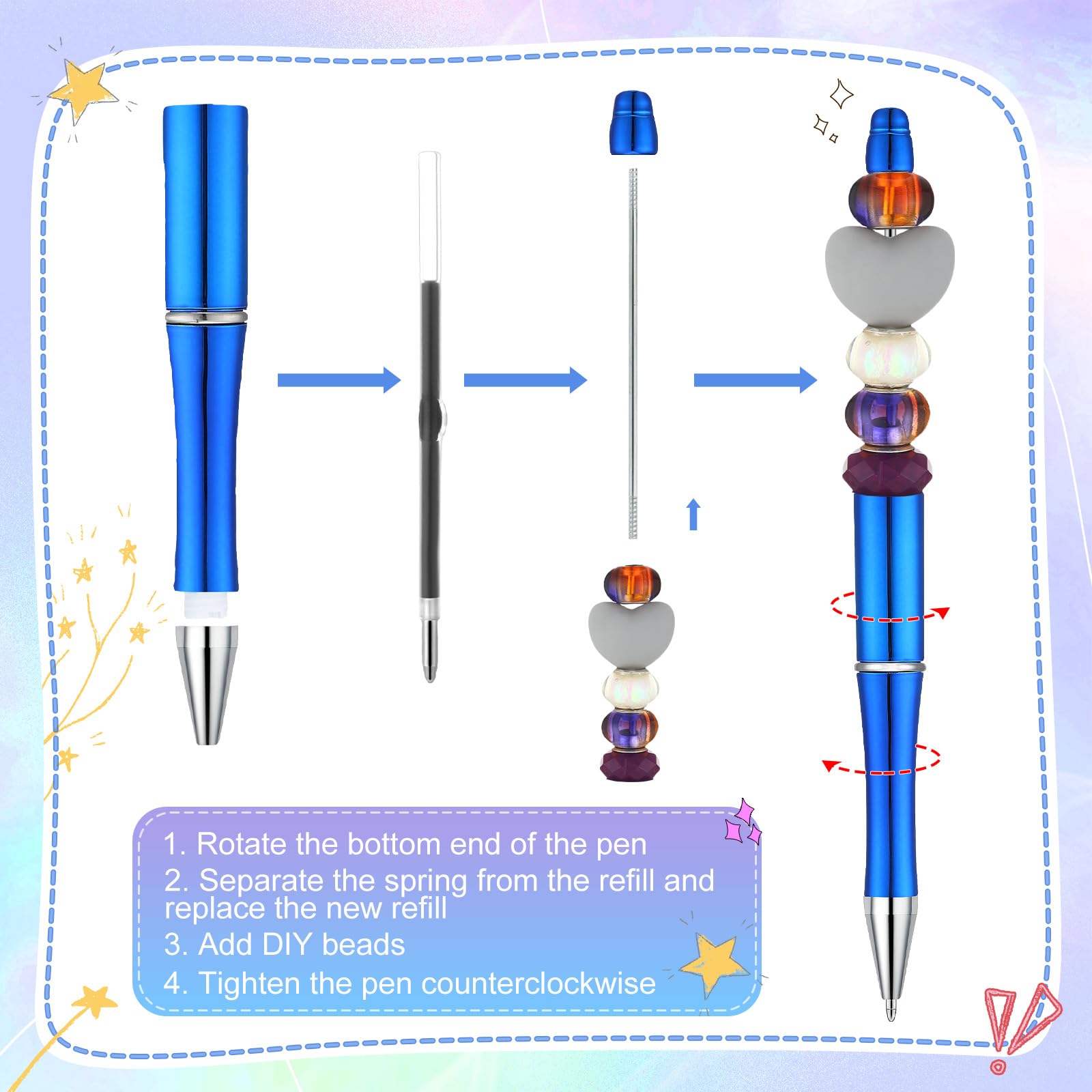 Kosiz 60-Pack Plastic Beaded Ballpoint Pens with Black Ink - Fun Beadable Pens for Kids, Students, Office & School Supplies (Blue Series, Simple Design) - Perfect for DIY Crafts, Classroom Rewards & Party Favors