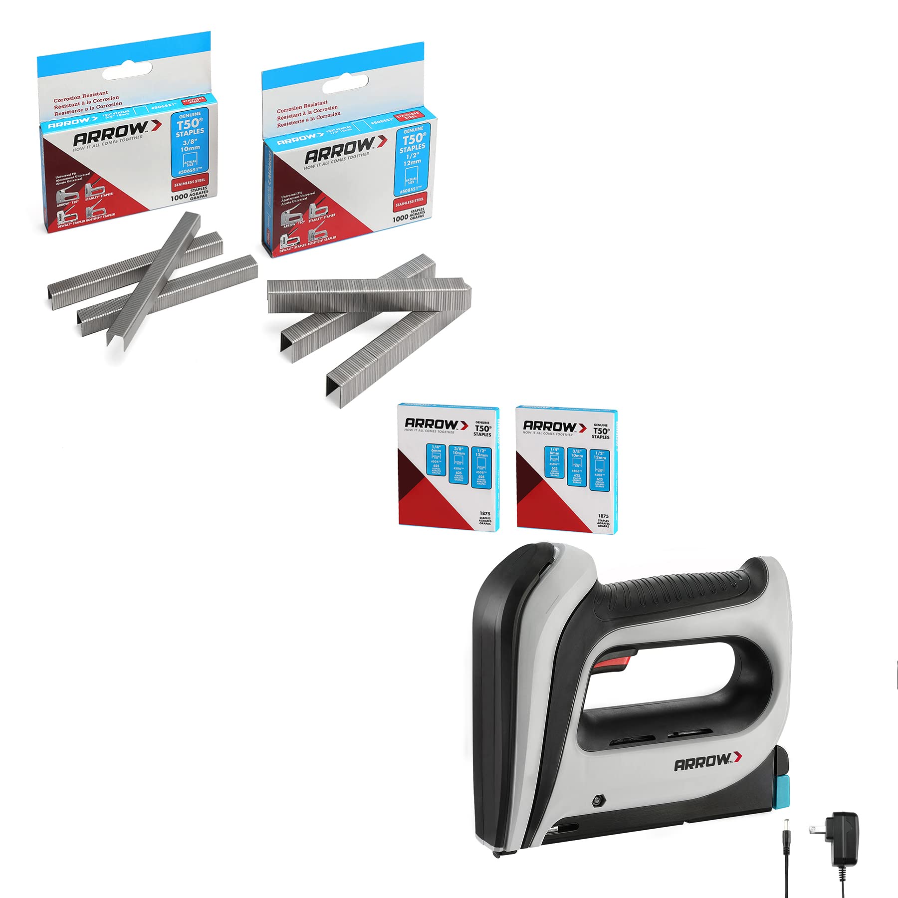 Arrow T50DCD Cordless Staple Gun Kit with 1000 T50 Stainless Steel Staples - Heavy Duty Electric Staple Gun for Upholstery, Carpentry, DIY Home Projects & Crafts