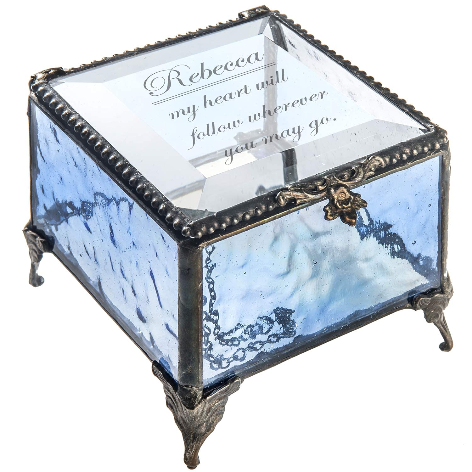 Personalized Jewelry Gift Box with Engraved Message - Decorative Stained Glass Keepsake Box for Women (Blue) | Perfect for Anniversary, Birthday, Wedding & Valentine's Day Gifts