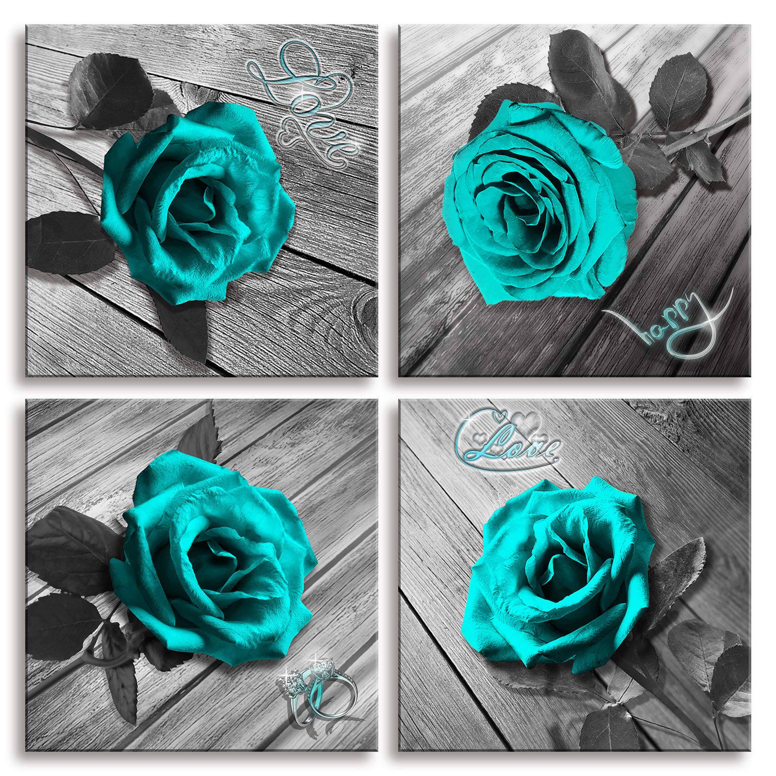 Teal Blue Rose Canvas Wall Art - Black & White Turquoise Floral Prints, Modern Framed Flower Pictures for Bedroom & Living Room Decor | Perfect for Home, Office & Gift Giving