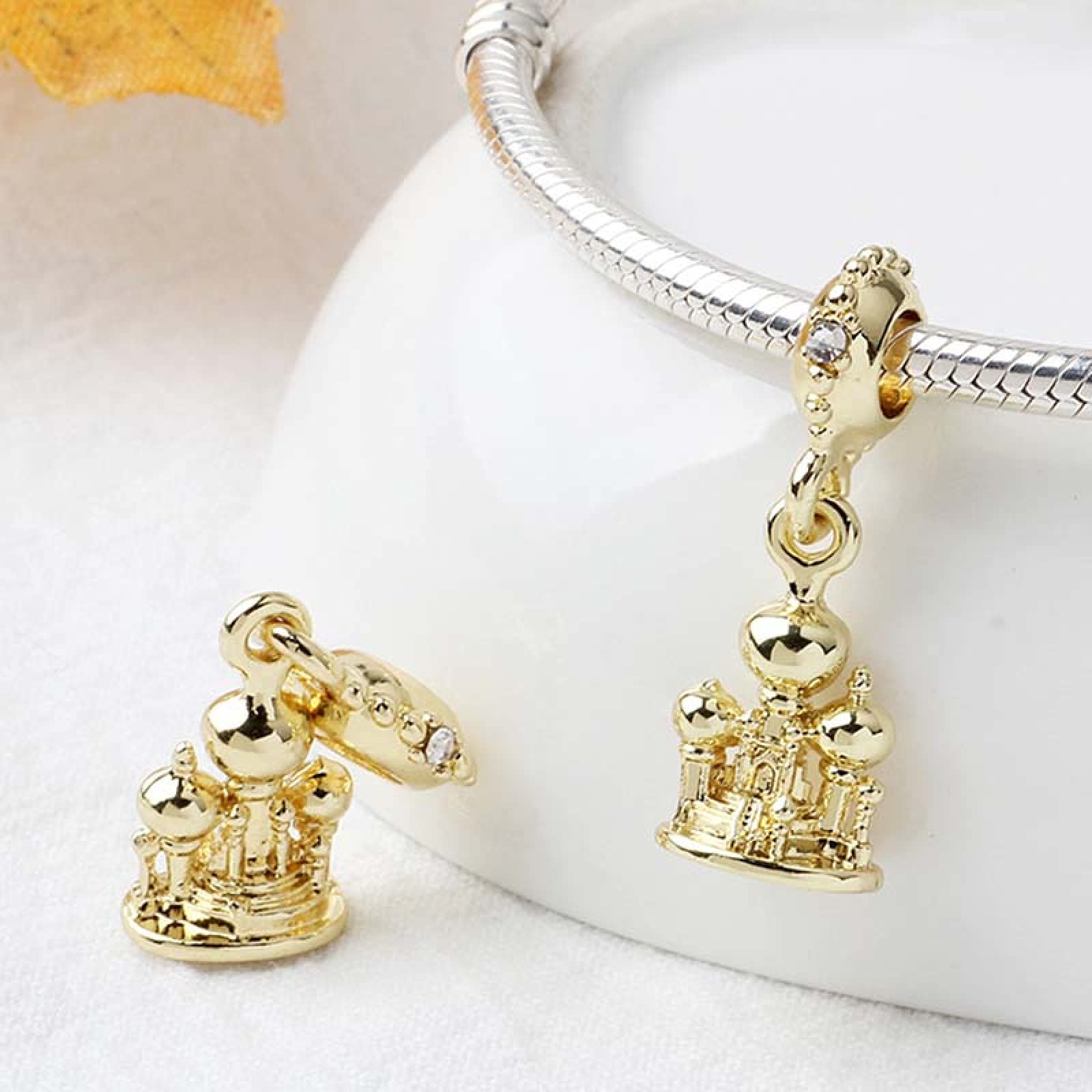 Gold Plated Aladdin Agrabah Castle & Mosque Charms - Compatible with Pandora Bracelets, DIY Jewelry for Women - Perfect for Disney-Themed Gifts, Cosplay & Arabian Nights Party Accessories