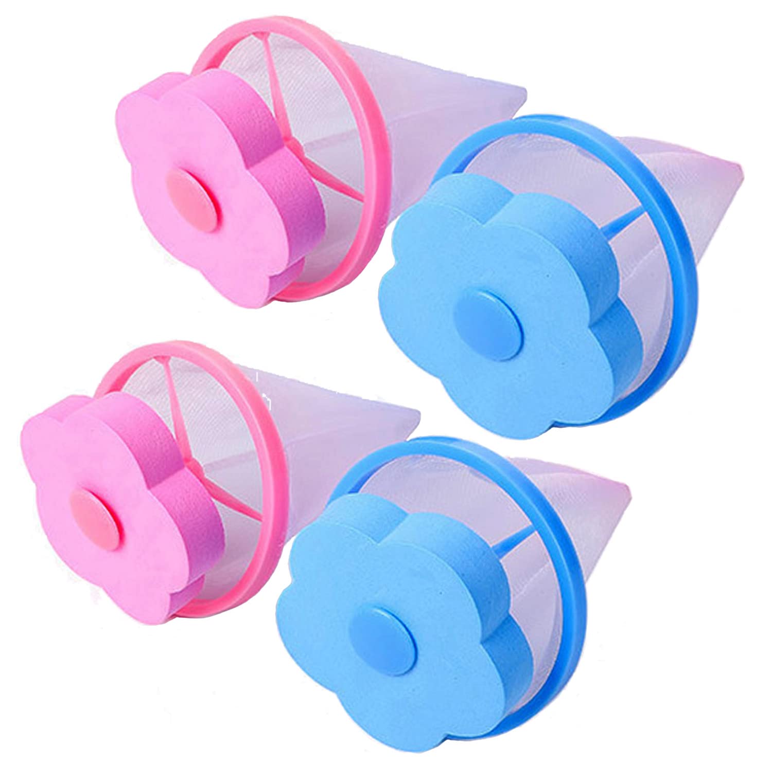 XYG 4-Piece Reusable Washing Machine Hair Catcher - Blue & Pink, Fine Mesh Lint Traps for Laundry, Large Flower-Shaped Design, Absorbs Hair & Pet Fur, Easy to Clean - Perfect for Washing Machines, Dryers & Preventing Drain Clogs