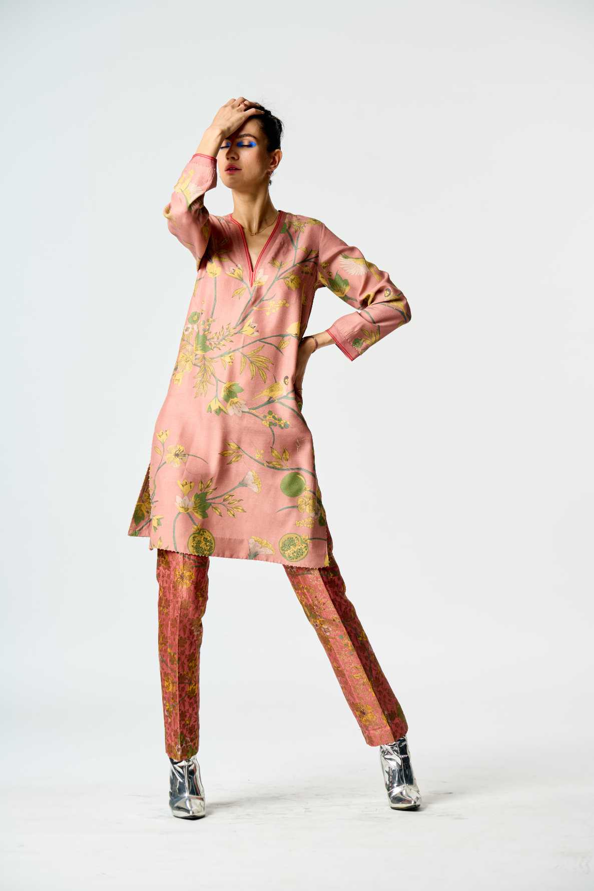 Elegant V Neck Kurta in Luxurious Muga Satin with Rose Design - Perfect for Festive Occasions, Weddings & Cultural Events