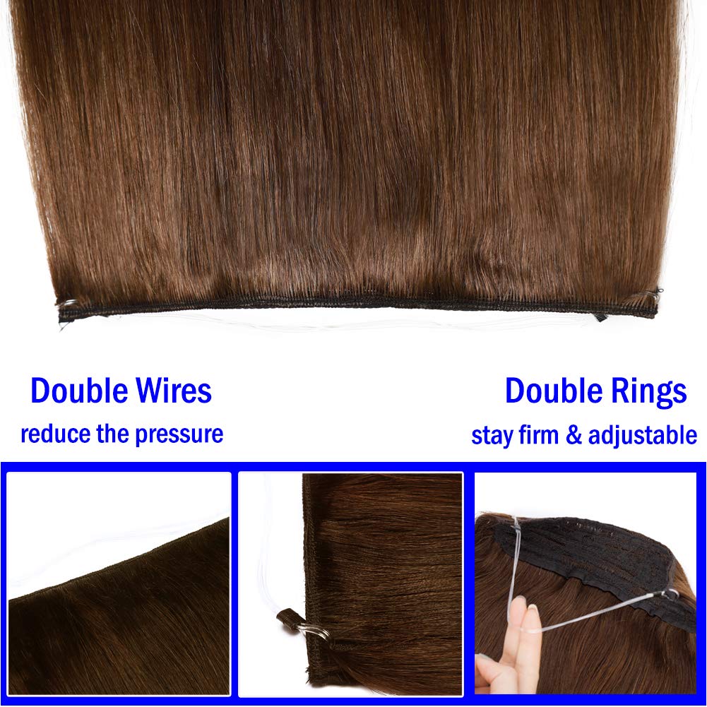 Benehair 20 Inch Thick Wire Hair Extensions - 110g Invisible Wire with Fish Line, Medium Brown Straight Remy Human Hair (#4) | Perfect for Daily Styling, Parties, Weddings & Special Occasions