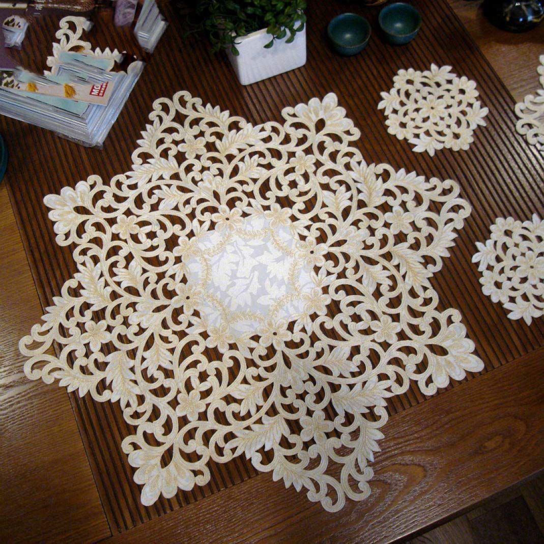 LUCACO Embroidered White Lace Table Runner & Dresser Pad - Floral Wedding Party Dining Table Decor for Home, Kitchen, and Special Events