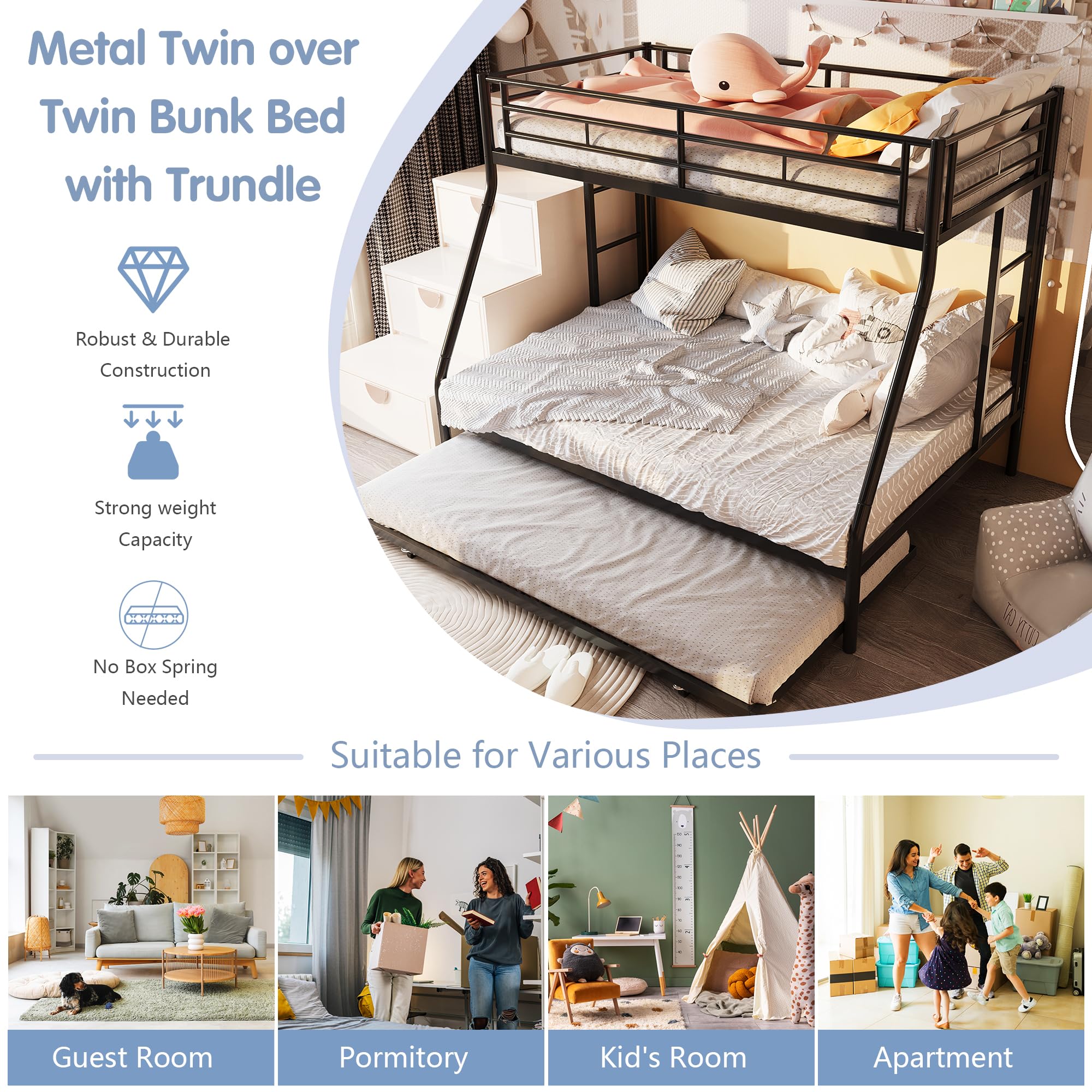 Metal Twin Over Full Bunk Bed with 2 Secure Ladders & Trundle - Space-Saving Loft Bed Frame with Safety Rail & Noise-Free Design for Small Bedrooms - Perfect for Kids Rooms, Guest Rooms & Dormitories - Black