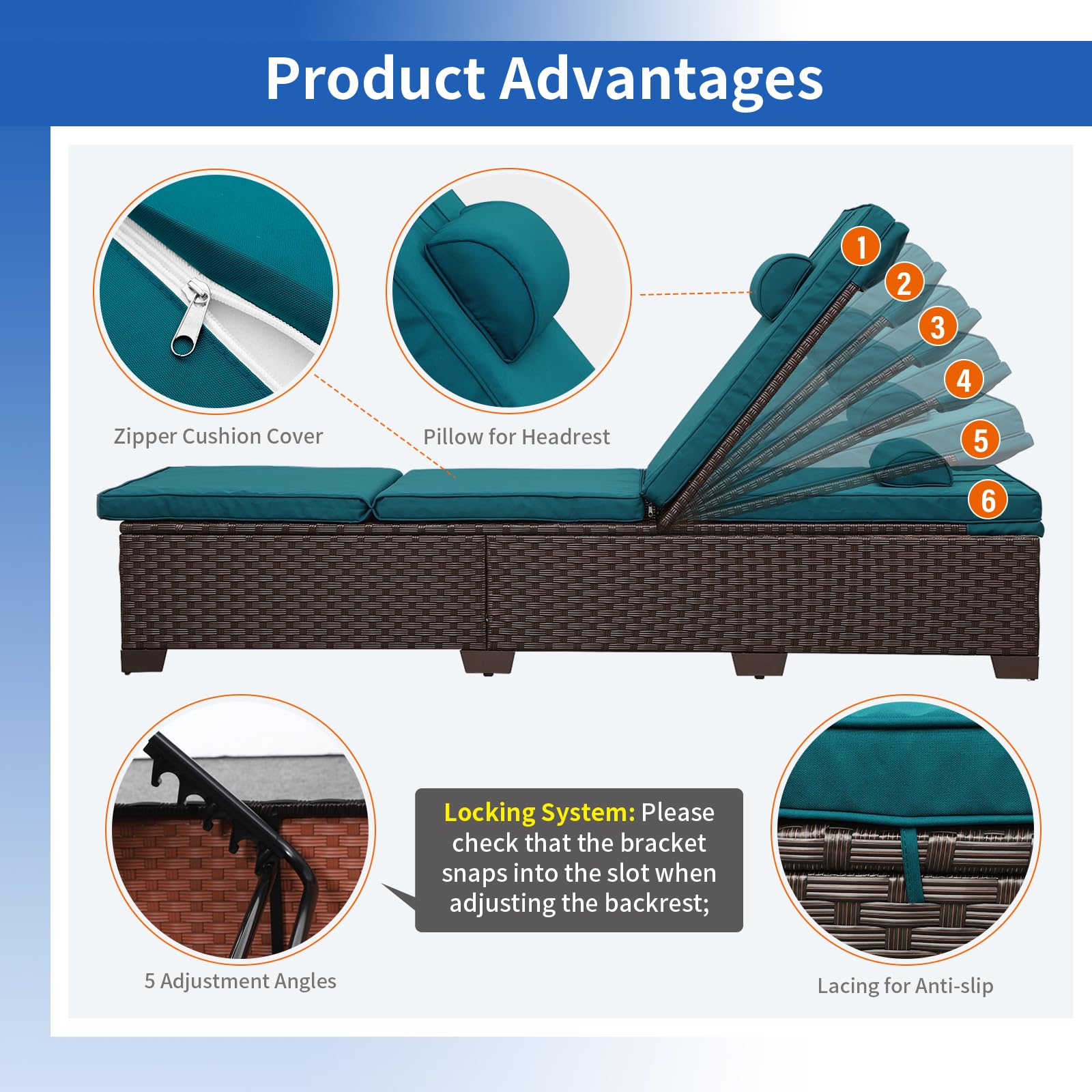 2-Piece Brown Wicker Outdoor Chaise Lounge Set - Adjustable Backrest with Peacock Blue Cushions & Headrest - Perfect for Poolside, Patio, Garden Relaxation and Sunbathing