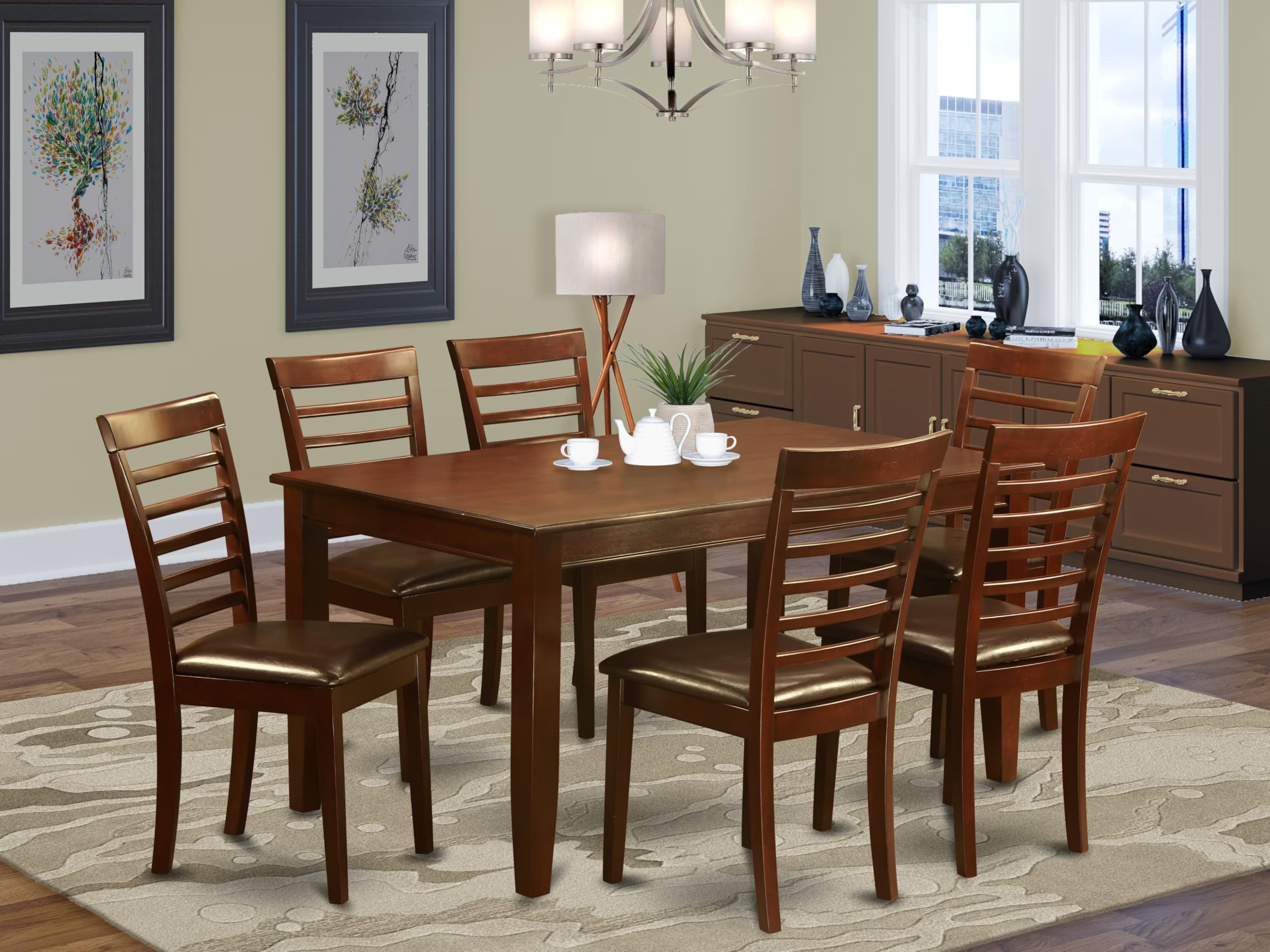 East West Furniture DUML7-MAH-LC 7-Piece Mahogany Dining Set with 36x60 Inch Rectangle Table & 6 Faux Leather Chairs - Perfect for Family Dinners, Entertaining Guests, and Modern Dining Rooms