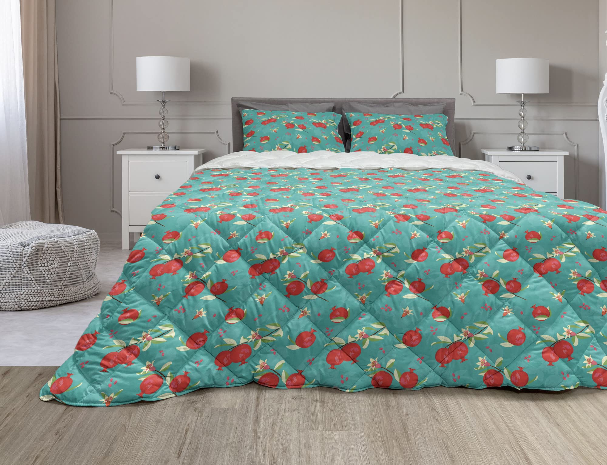 Ambesonne Pomegranate Floral Duvet Cover Set - 3 Piece Queen Size Microfiber Comforter with Sham - Dark Seafoam & Pink Summer Garden Art Bedding for Master Bedroom, Guest Room & Dorm Decor