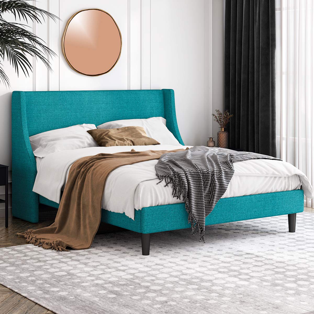 Full Size Platform Bed Frame with Wingback Headboard - Fabric Upholstered Mattress Foundation with Wooden Slat Support in Jade Green | Modern Bedroom Furniture for Small Spaces & Guest Rooms
