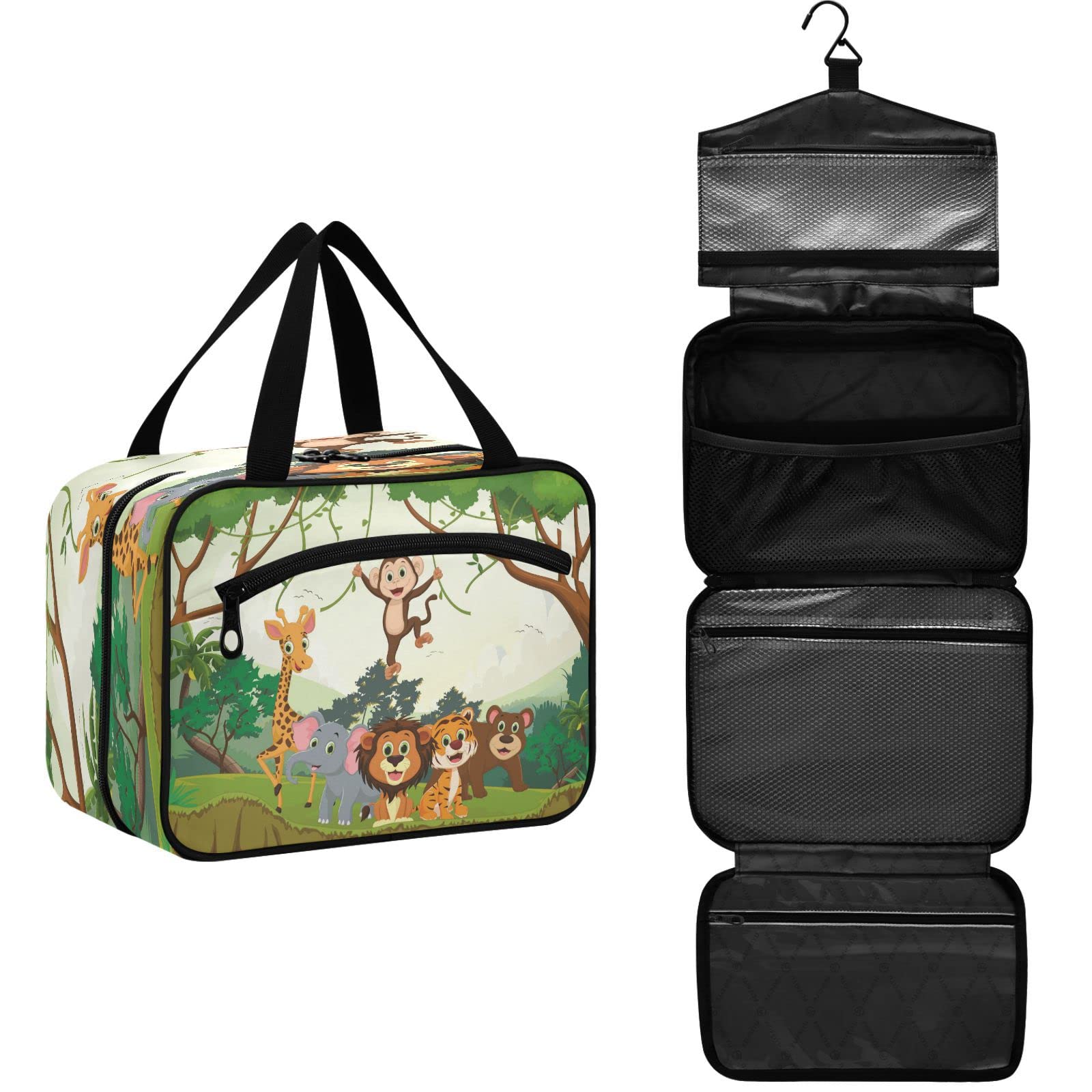 Waterproof Hanging Toiletry Bag for Women - Large Portable Cosmetic Organizer with Jungle Animal Print, Perfect for Travel, Gym & Daily Makeup Storage