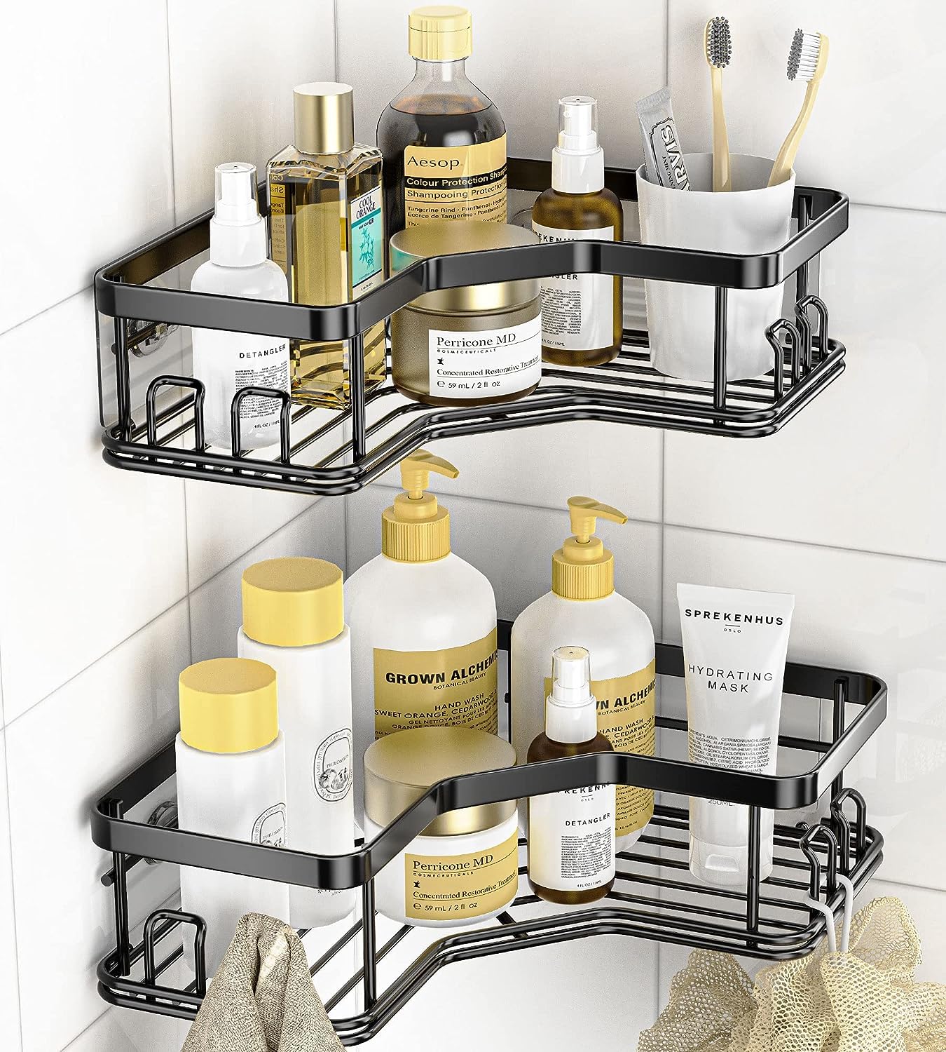 Adhesive Shampoo Bottle Organizer Rack - 8 Hook Corner Shower Shelf for Bathroom Storage | Space-Saving Bathroom Organizer with Strong Adhesive (Black) | Perfect for Small Bathrooms, Showers & Vanity Organization