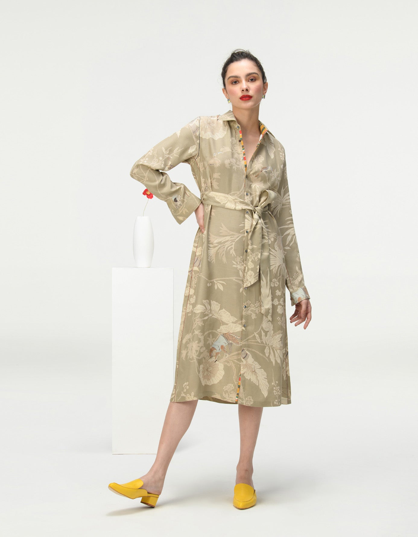 Elegant Tie Belt Shirt Dress in Muga Satin - Oyster Grey | Women's Casual Office Wear & Spring Outfits