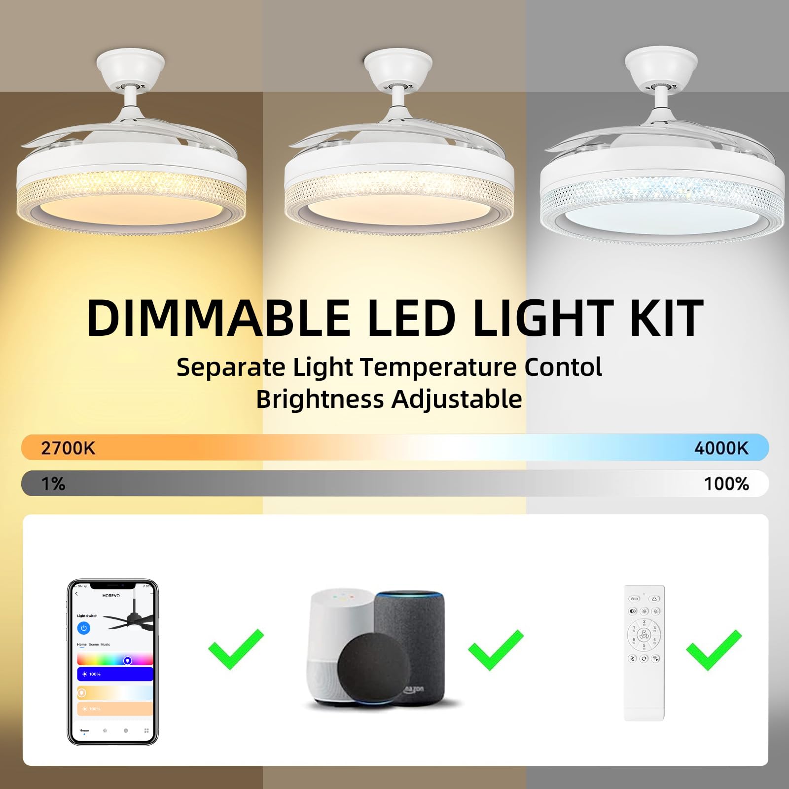 HOREVO 42 Inch Retractable Ceiling Fan with LED Lights, Bluetooth Speaker & Remote - Color Changing Dimmable Invisible Blade Chandelier Fan for Bedroom, Living Room & Outdoor Patio